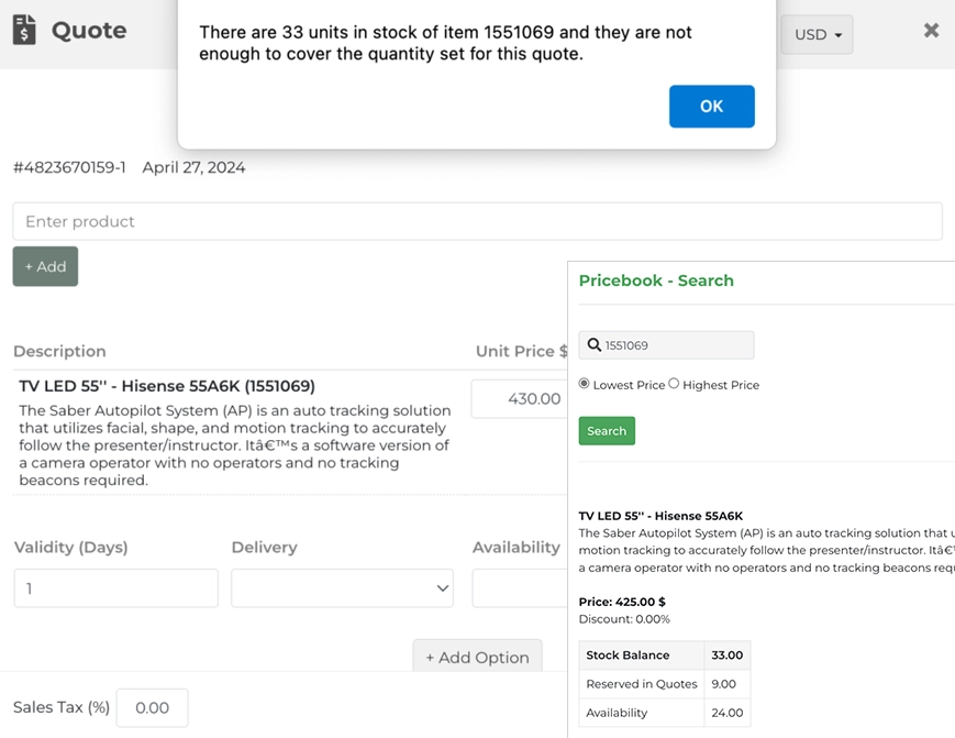 Stock control in Quotations Stock control in Quotations